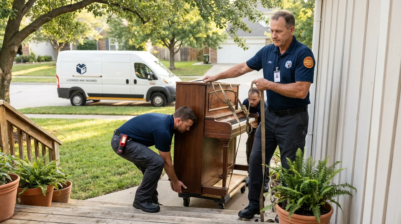 Licensed piano movers securing grand piano in Tallassee, AL