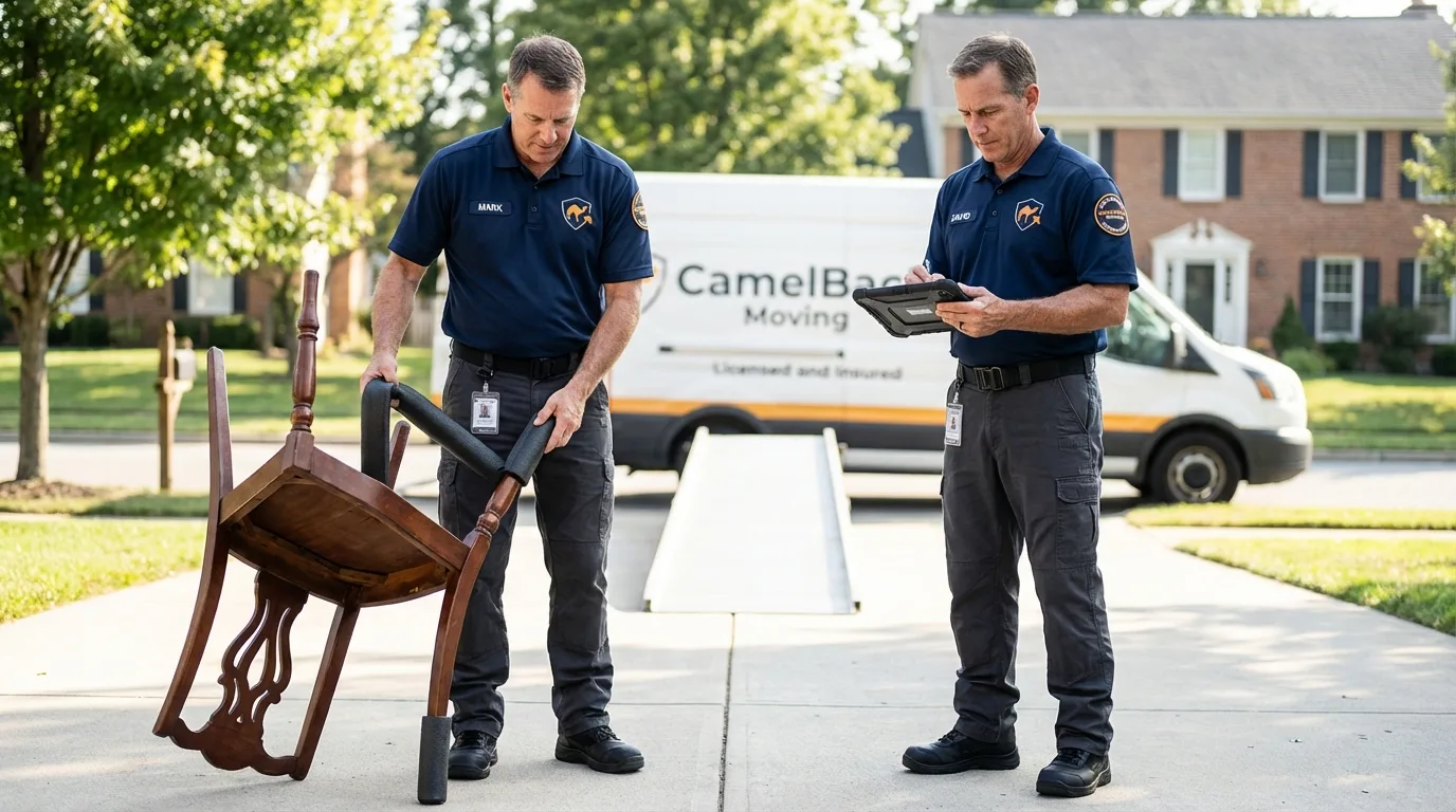 Movers inspecting furniture for damage prevention before loading in Tallassee, AL