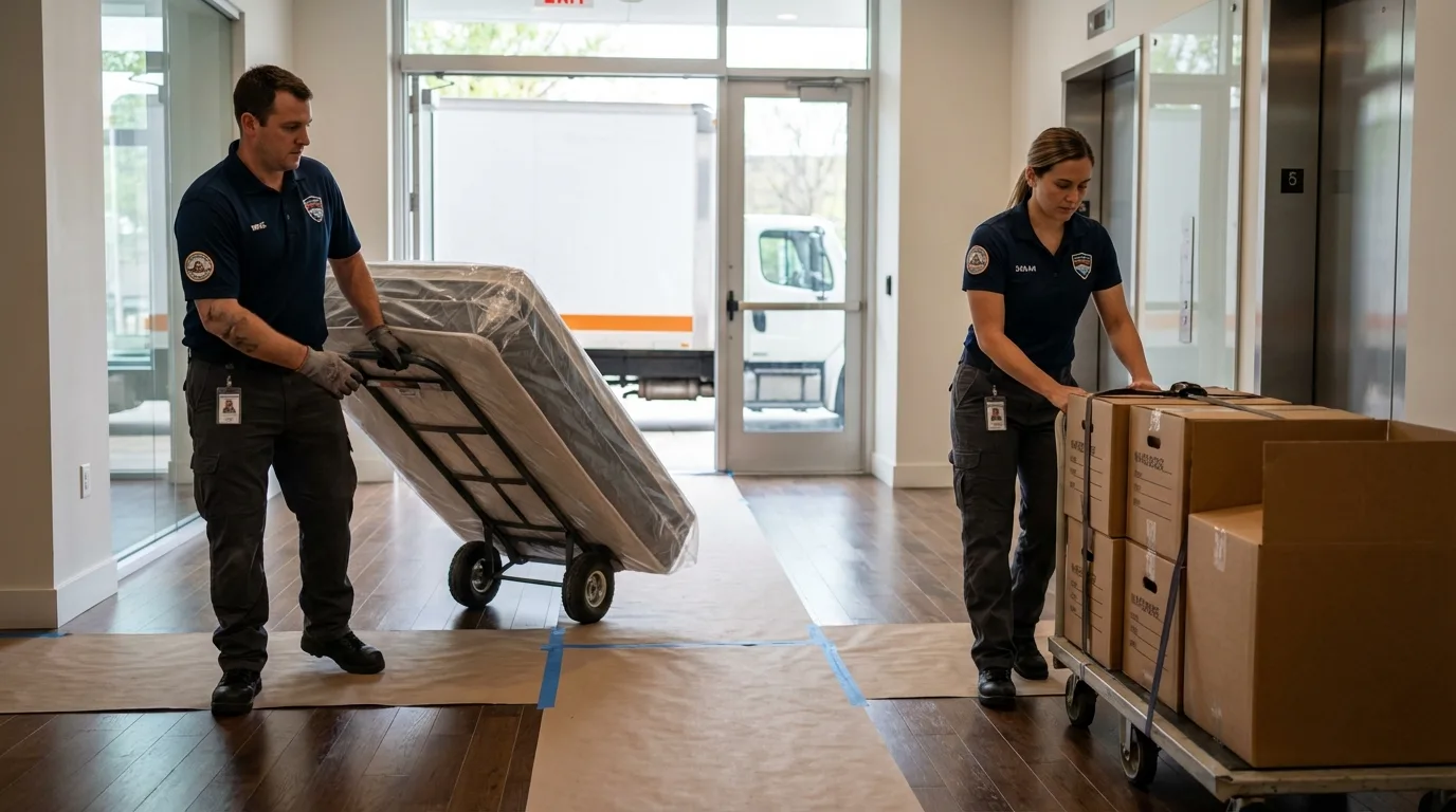 Professional apartment movers loading elevator in Tallassee, AL