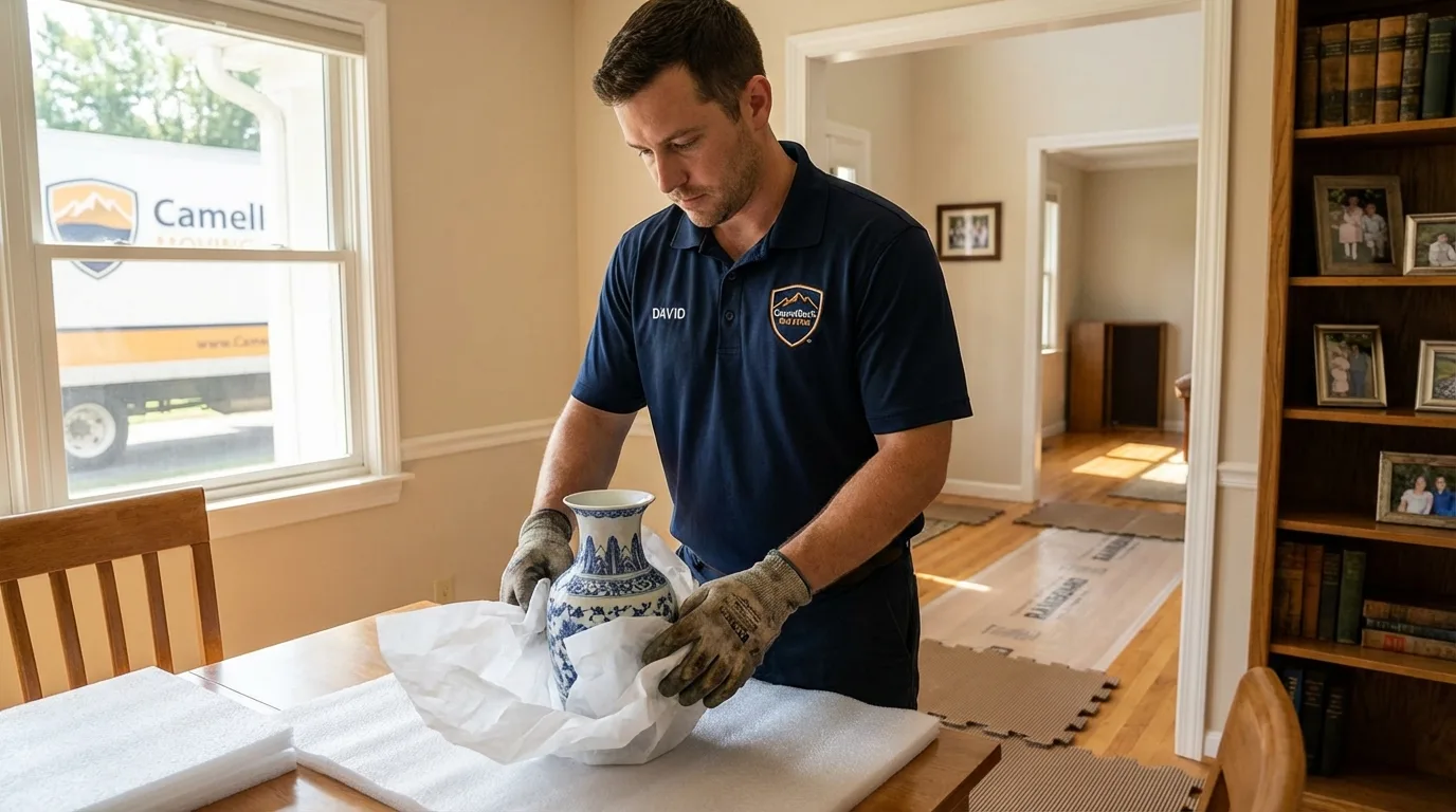 Professional crew carefully wrapping antique vase for senior downsizing move in Tallassee, AL